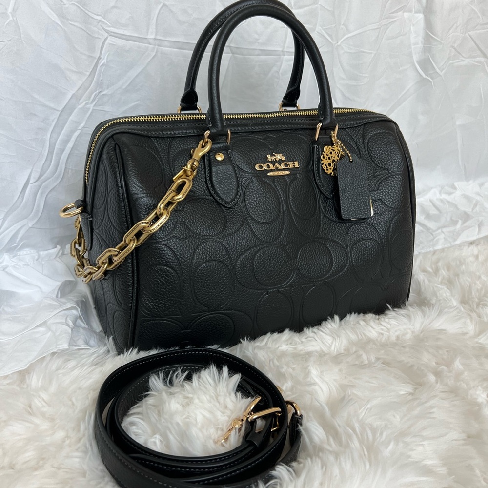 COACH Black Embossed Leather Satchel with Gold Hardware and coach charms - Picture 8 of 12